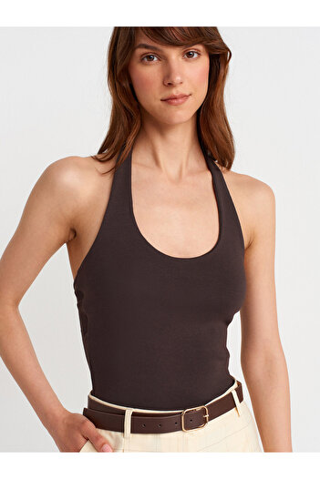Dilvin 21052 Halter γιακά Top-Dark Brown