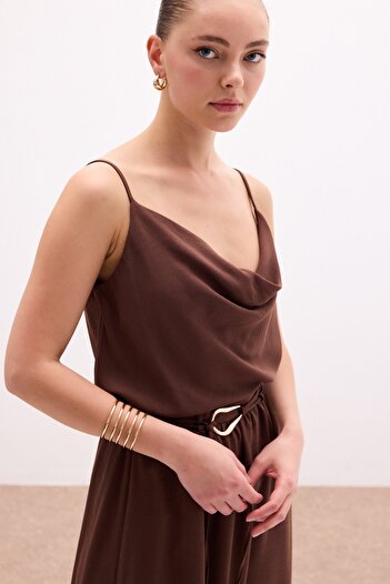 Sateen Flounce Collar Draped Blouse - Brown