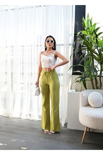 1001moda Linen Trousers with Elastic Waist and Lacing