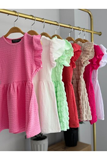 YARENKİDS Girl's Summer Dress Wrinkled White
