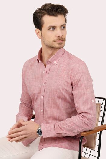 Etikmen Cherry Collar Buttoned Linen Slimfit Men's Shirt with Gift Box