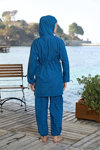 Estiva Plain Sleeve Leg Elastic Zipper Fully Closed Hijab Swimsuit