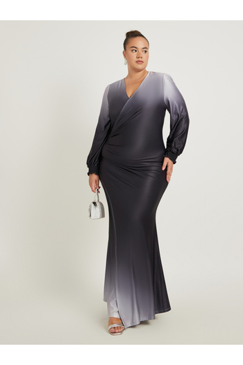 Styli Plus Size Ombre Print Gathered Detail Wrap Maxi Dress