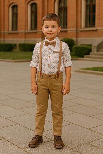 Esterella Square Patterned Boy's Suit / Slopet Strap and Bow Tie / Shirt Pants / Boy's Suit