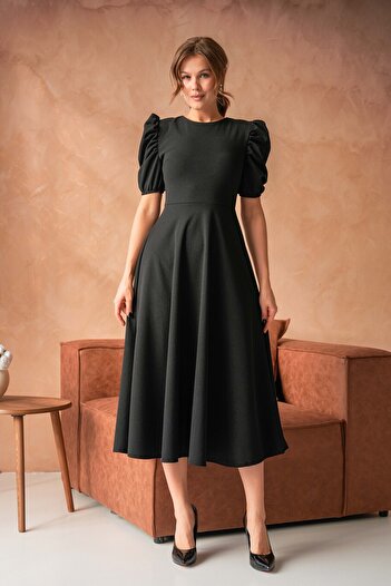 vuvutasarım Rochie neagră evazată, cu mâneci cu balon, decolteu rotund, lungime midi, țesătură creponată flexibilă 092