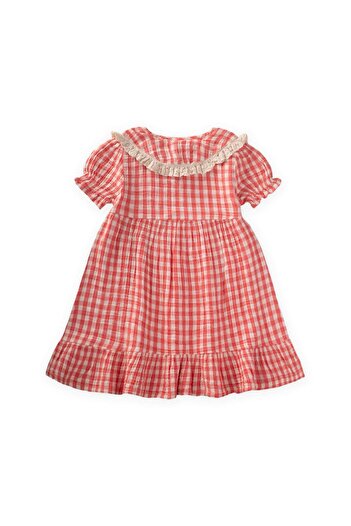 Cigit Pöti Checkered Collar Dress 2-10 Years Coral