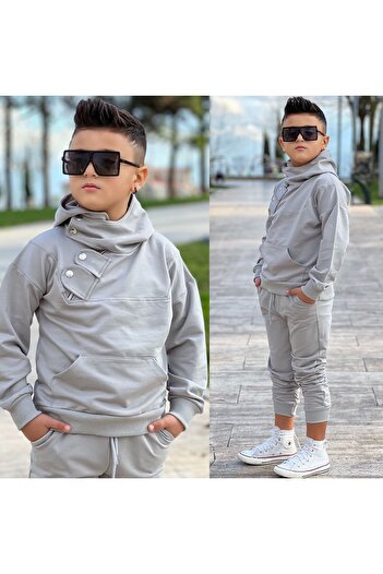 zeynoshkids Snap Detailed Hooded Bottom Top Sports Suit