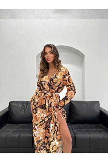 NİCE STYLE KADIN KRUVAZE YAKA KUŞAK DETAY DESENLİ ELBİSE