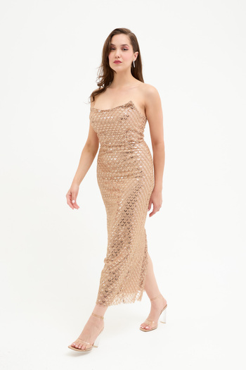 Lafaba Women's Gold Strapless Beaded Midi Evening Dress Elibse