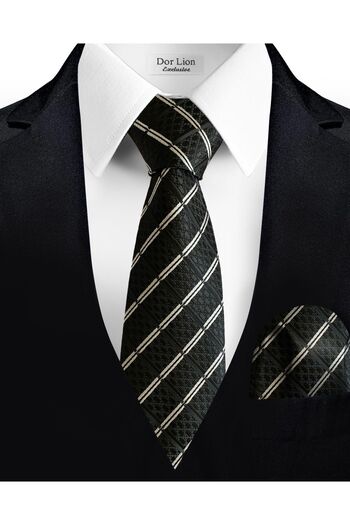 Dor Lion Black Tie and Handkerchief with White Stripes - 7 cm