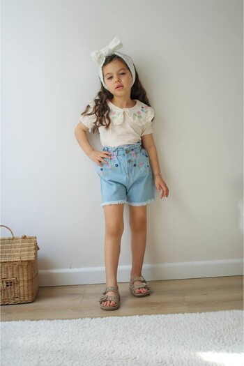 Elidabutik Collar Flower Embroidery Shorts Suit