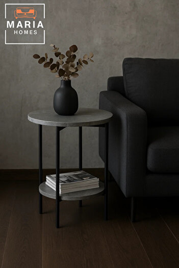 MARIA HOMES Round Stone-Texture Side Table with Lower Shelf and Black Metal Frame