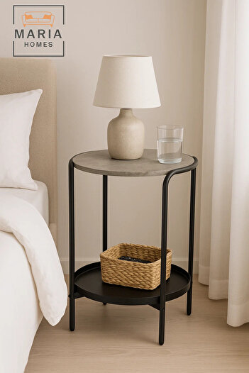 MARIA HOMES Modern Round Side Table with Stone-Texture Top and Black Tray Shelf