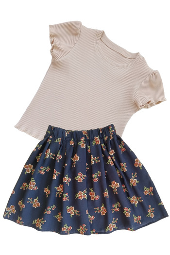 MODA59 Girl's Skirt Suit, Skirt T-Shirt Suit, Floral Skirt Twill Ecru T-Shirt