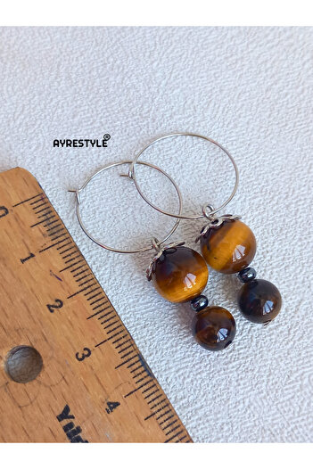 ayrestyle Stylish Women's Earrings with Tiger Eye and Onyx Stone Silver Color Dangle Hoop