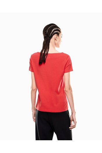 EA7 Women's Crew Neck Ea7 Text Detail Short Sleeve Tight Red T-Shirt 7W000184 Af10373-U5061