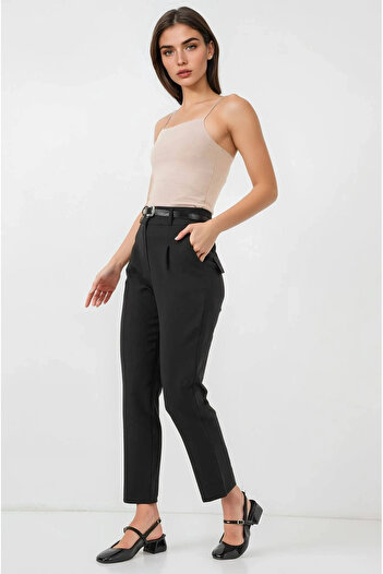 hazelin Women's Black High Waist Belted Fabric Trousers Hzl25S-Bd167251