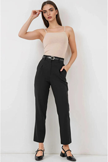 hazelin Women's Black High Waist Belted Fabric Trousers Hzl25S-Bd167251
