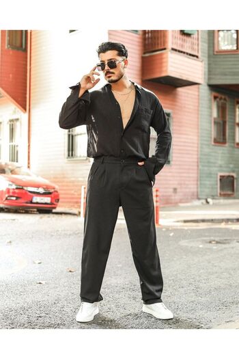 LU-MİLA Men's Pleated Baggy Elastic Waist Fabric Trousers-Black
