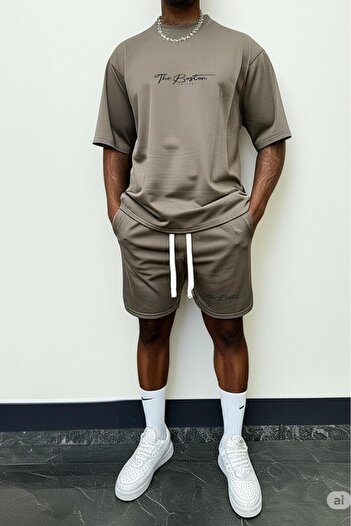 NO 601 Men's Light Brown Fine Futter Boston Printed Orphan Sleeve Tshirt Shorts Set