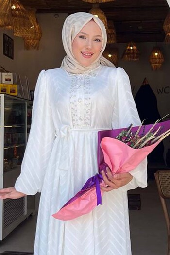benguen Stone Detailed Hijab Dress White 1412