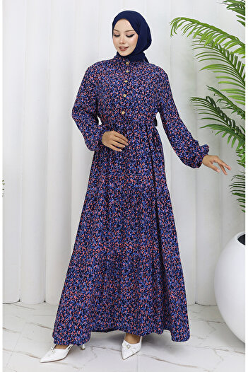 sefamerve Patterned Dress with Elasticated Sleeve 2057-03 Navy Blue