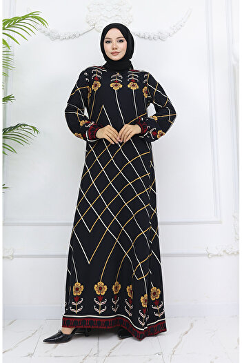 sefamerve Viscose Fabric Elastic Sleeve Dress 0030-02 Black Mustard