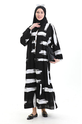 sefamerve Half Button Pattern Dress 2069-03 Black and White