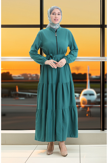 sefamerve Half Zipper Gathered Dress 1202-04 Emerald Green