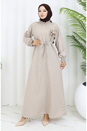 sefamerve Rubber Detailed Belted Dress 2063-02 Mink