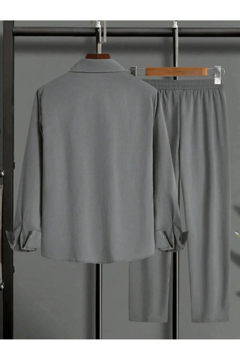 Nyda Collections Men's Crinkle Suit Buttoned Shirt and Lace-Up Trousers Summer Suit Double Pocket Crinkle Fabric
