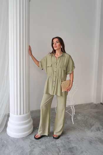 Modayakamoz Linen Waist Tie-Up Detailed Shirt - Pants Suit - Green