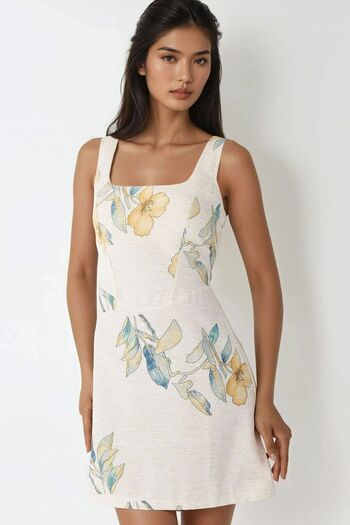Hiccup Linen Look Floral Patterned Mini Dress with Gipe Detail