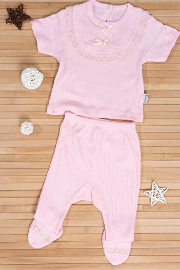 agugu Lace Collar Short Sleeve Double Baby Set Pink