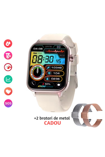 Lommad ® Smartwatch, 1.96" Display, Uric Acid Monitoring, Blood Sugar, Blood Pressure, Beige-Pink
