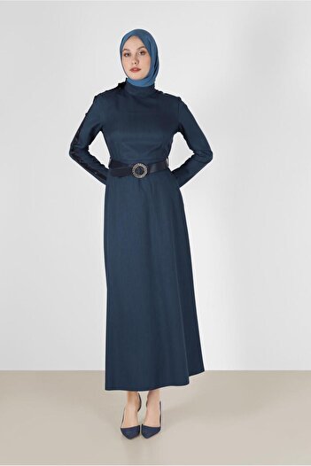 Alvina DRESS WITH BUTTON SLEEVES AND LEATHER DETAIL 42252