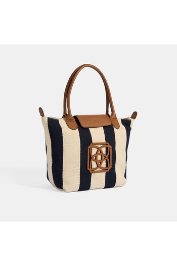 Desa Geantă de umăr Midi din țesătură cu dungi albastru bleumarin cu logo monogramă