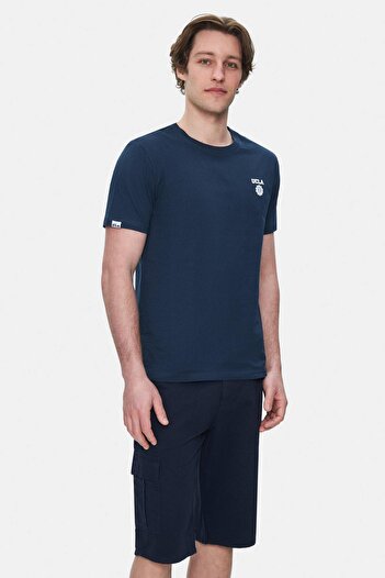 UCLA Ανδρικό μπλουζάκι BASS Navy Blue Crew Neck με στάμπα Standard Fit
