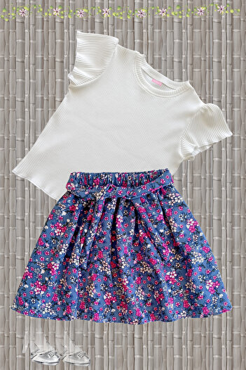 MODA59 Girl's Skirt Suit, Skirt T-Shirt Suit, Floral Skirt Twill Ecru T-Shirt