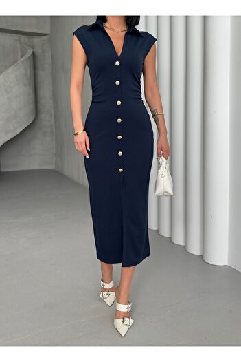 LE CARAMBOLE Women's Navy Blue Gold Buttoned Gathered Detailed Pencil Dress