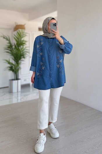 Ka Hijab Beaded Denim Shirt - Blue