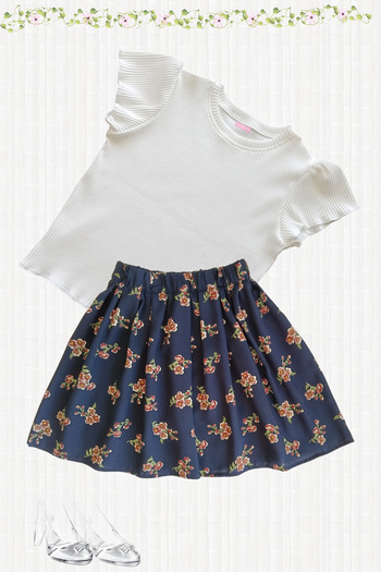 MODA59 Girl's Skirt Suit, Skirt T-Shirt Suit, Floral Skirt Twill Ecru T-Shirt