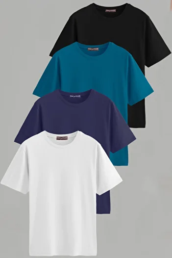 Vien&Karl Men's White-Black-Navy-Petrol Blue Slim Fit Crew Neck Cotton Elastane 4-Piece Basic T-Shirt