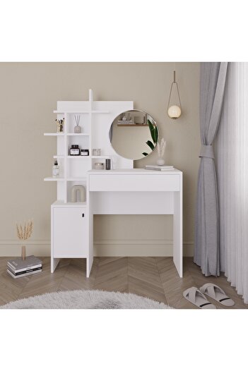 Mourah Home Mup Vanity Desk, Modern Dressing Table with Mirror, 5-Tier Storage, 1 Drawer & Door, Bedroom Use