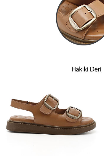 GÖNDERİ(R) Women / Girls Tan Genuine Leather Comfort Sandals with Velcro Buckle
