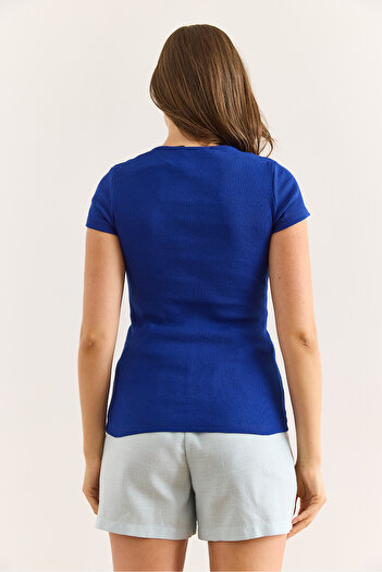 Olalook Γυναικεία Saks Blue V Metal Λεπτομερής εύκαμπτη βαμβακερή μπλούζα BLZ-19002921