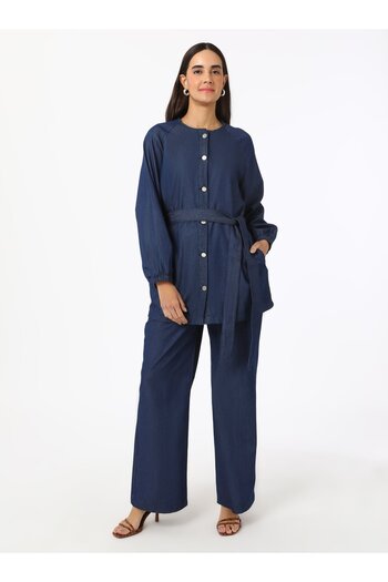 Refka Button Detailed Denim Trousers & Tunic Double Set - Blue - Refka