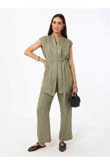 Refka Linen Look Vest Trousers Double Set - Khaki - Refka
