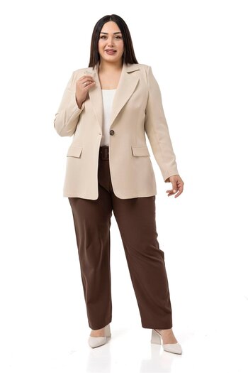 DISENTIS MODEST Plus Size Brown Trousers with Pleated Front Pockets and Belt