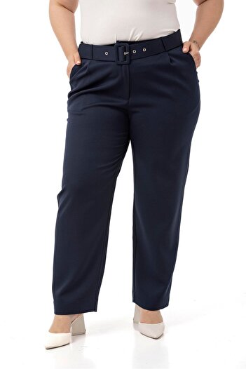 DISENTIS MODEST Plus Size Navy Blue Trousers with Pleated Front Pockets and Belt
